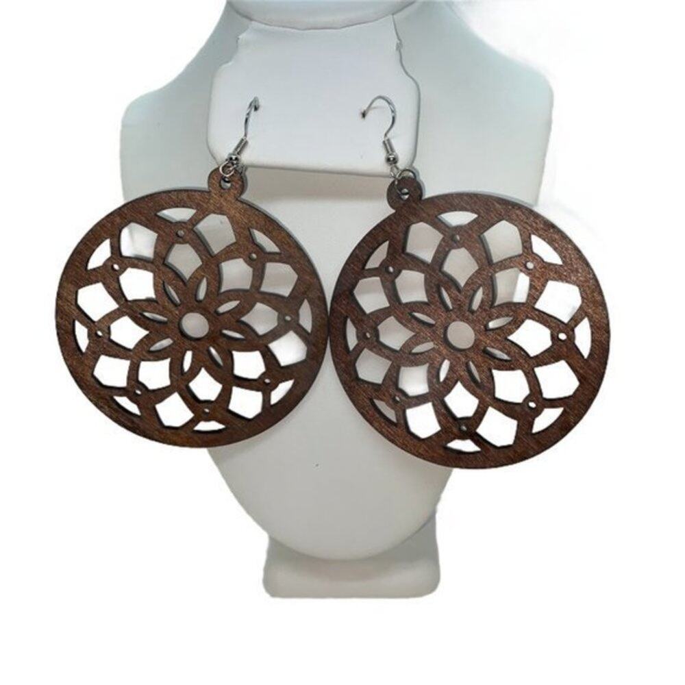 NWT Brown Wood Circled Laser Cut-Out Perforated Dangle Earrings